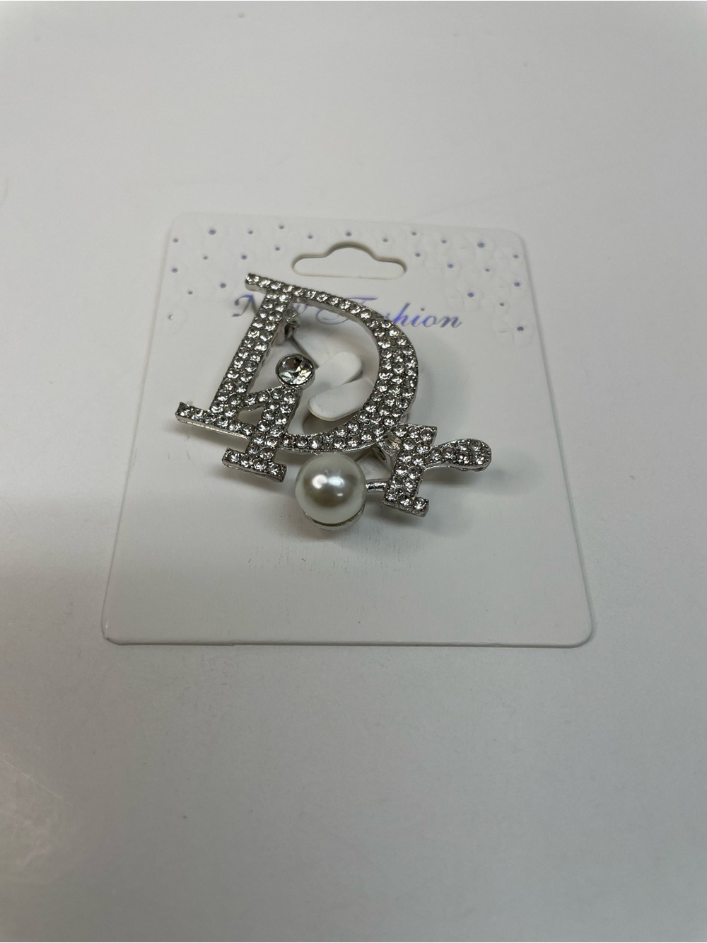 Fashion Silver-Tone Crystal 'D' Brooch with Pearl Accent
